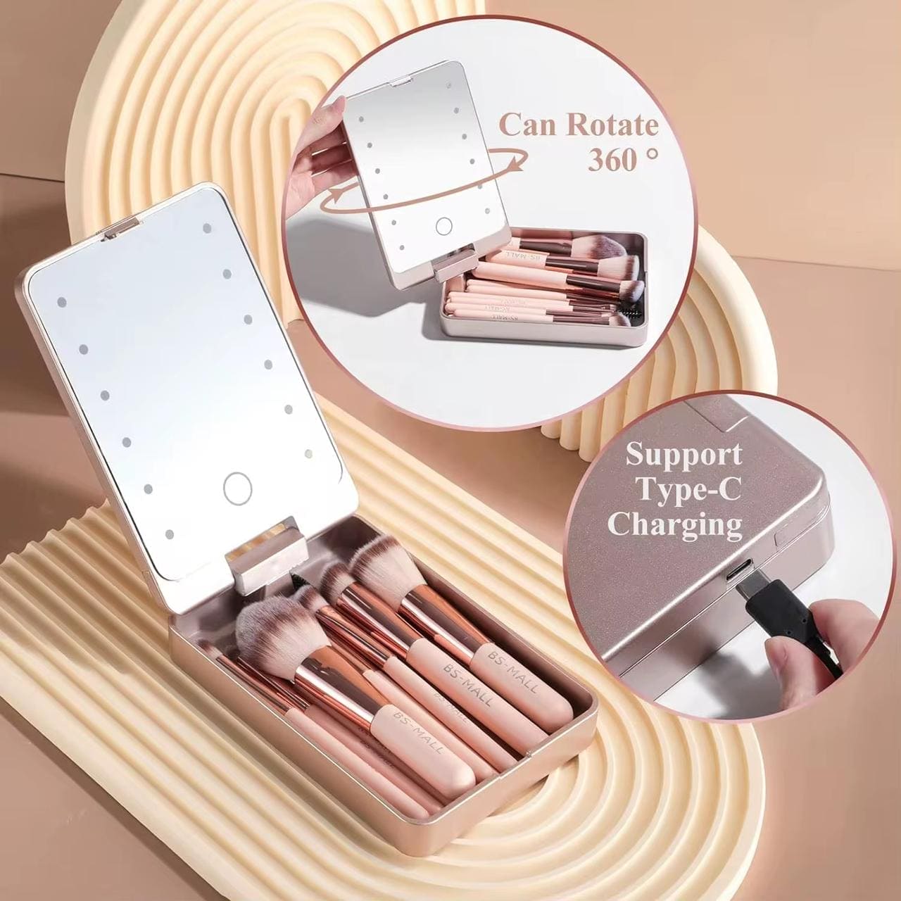 Led Mirror Makeup Brush Set (14 PCS)
